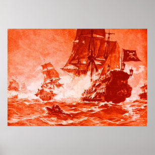 PIRATE SHIP BATTLE IN RED POSTER
