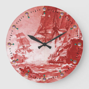 PIRATE SHIP BATTLE Red Nautical Large Clock