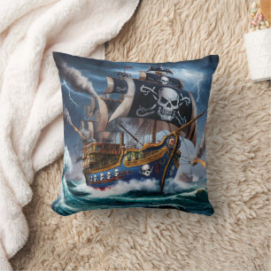 Pirate Ship Battling Stormy Seas at Dusk Cushion