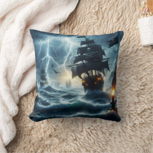 Pirate Ship Battling Stormy Seas at Dusk Cushion