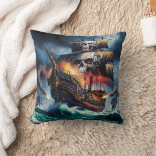 Pirate Ship Battling Stormy Seas at Dusk Cushion