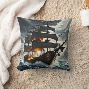 Pirate Ship Battling Stormy Seas at Dusk Cushion