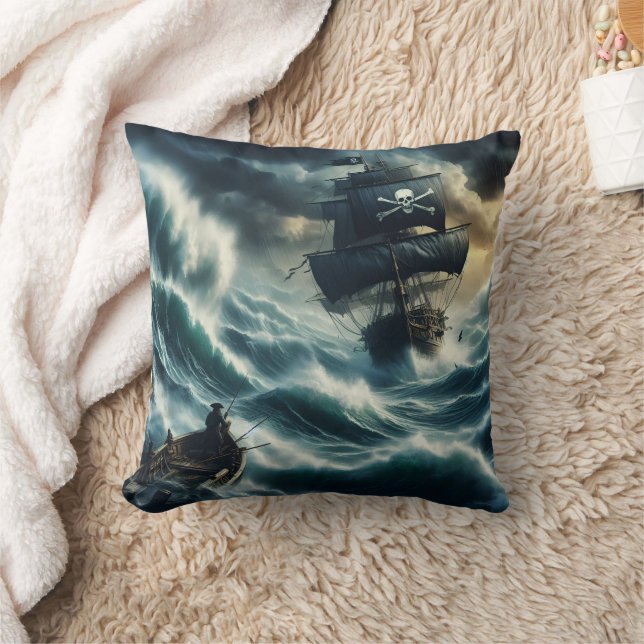 Pirate Ship Battling Stormy Seas at Dusk Cushion (Blanket)