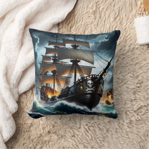 Pirate Ship Battling Stormy Seas at Dusk Cushion