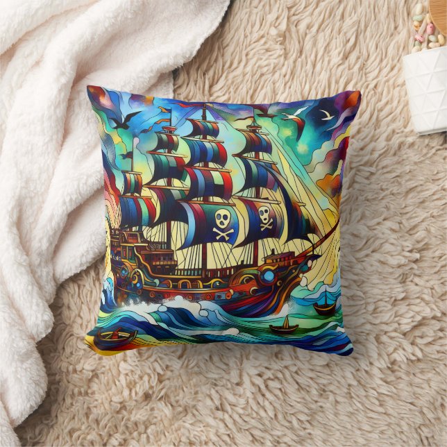 Pirate Ship Battling Stormy Seas at Dusk Cushion (Blanket)