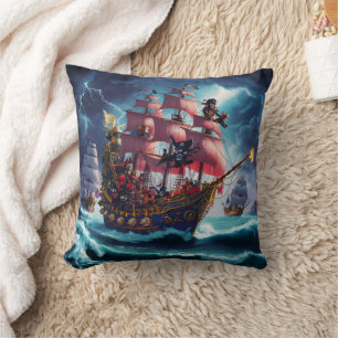 Pirate Ship Battling Stormy Seas at Night Cushion