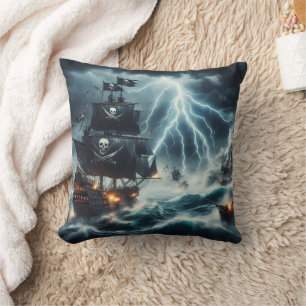 Pirate Ship Battling Stormy Seas at Night Cushion