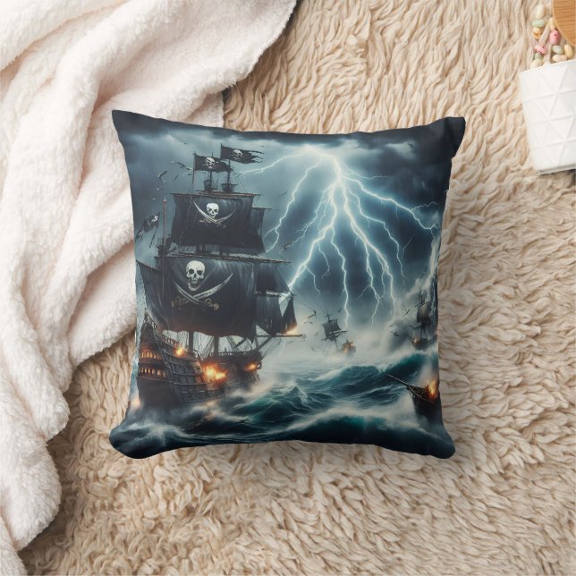 Pirate Ship Battling Stormy Seas at Night Cushion (Blanket)