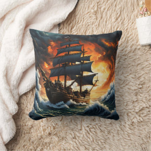 Pirate Ship Battling Stormy Seas at Sunset Cushion