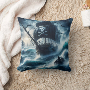 Pirate Ship Battling Stormy Seas at Twilight Cushion