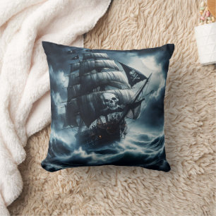 Pirate Ship Battling Stormy Seas Under Full Moon Cushion