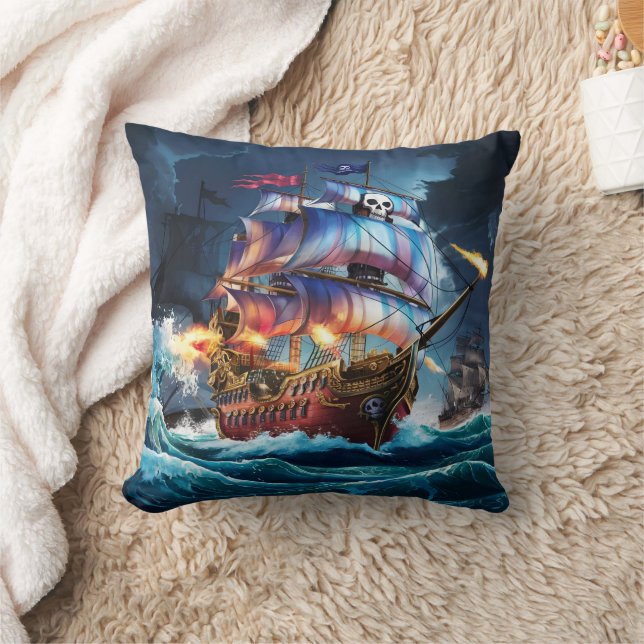 Pirate Ship Battling Waves at Dusk Cushion (Blanket)
