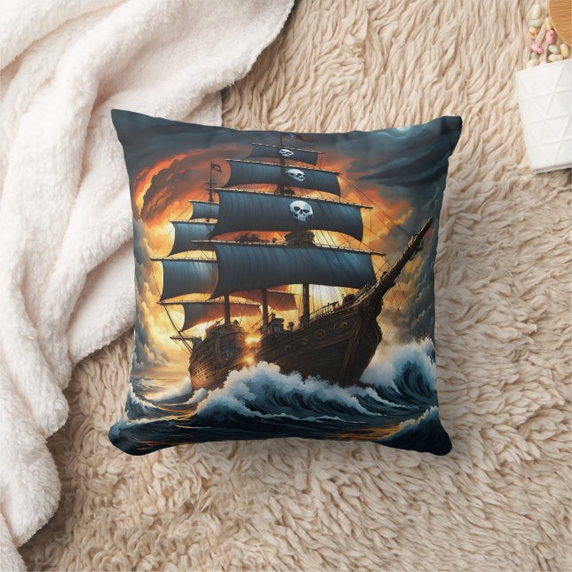 Pirate Ship Battling Waves at Dusk Cushion (Blanket)