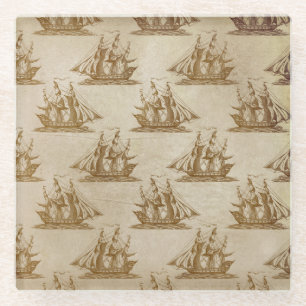 Pirate Ship Beige Colour Old Style Nautical Glass Coaster