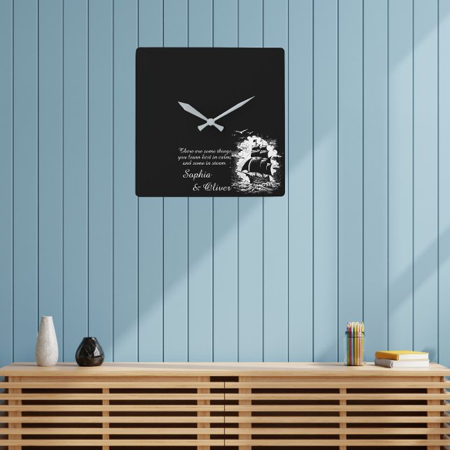 Pirate Ship Birds Motivational Quote White Text Square Wall Clock (personalized wall clock)