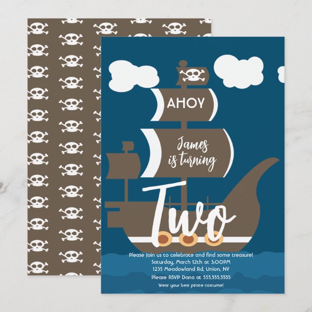 Pirate Ship Birthday Ahoy Party Any Age Brown Invitation (Front/Back)