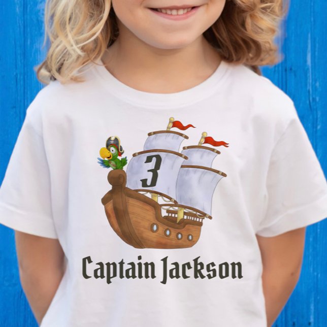 Pirate Ship Birthday Name & Age Toddler T-Shirt (pirate kids birthday shirt with year and name parrot pirate ship design with "captain" )