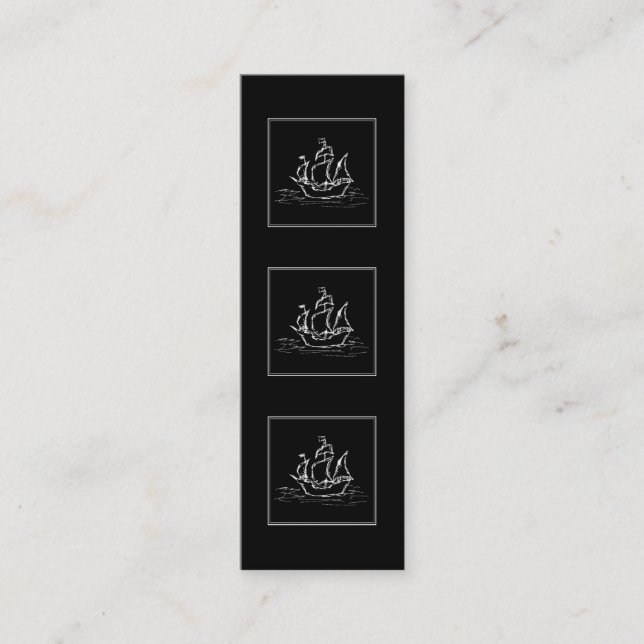 Pirate Ship. Black and White Galleon. Mini Business Card (Front)
