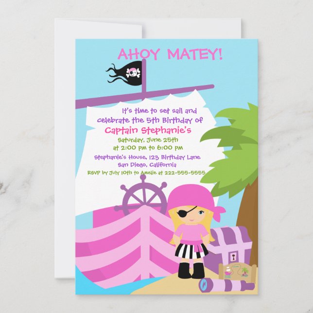Pirate Ship Blonde Girl Birthday Party Invitation (Front)