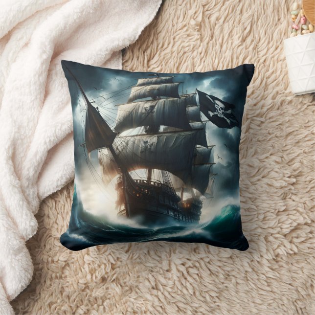 Pirate Ship Braving Stormy Seas at Dusk Cushion (Blanket)