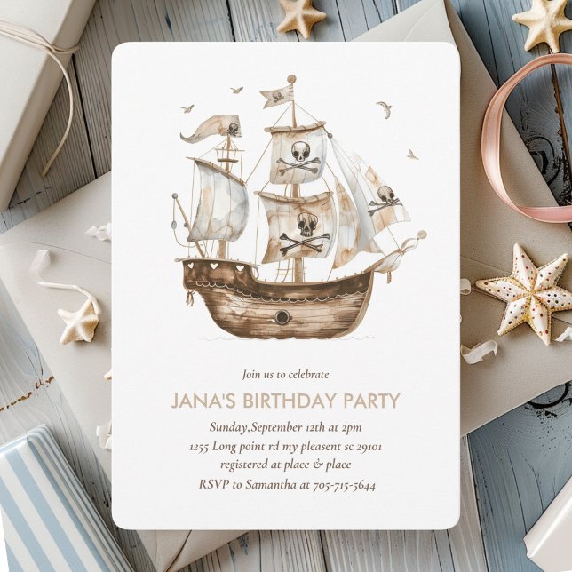 Pirate Ship Brown Nautical Theme Birthday Invitation (Creator Uploaded)