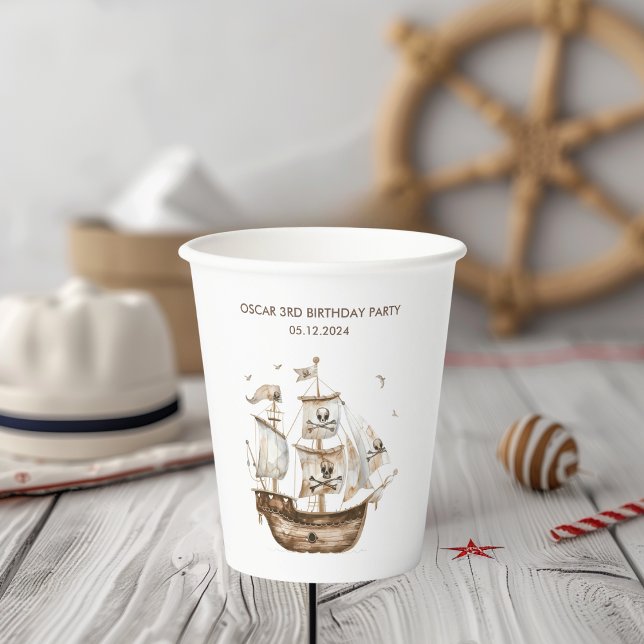 Pirate Ship Brown Nautical Theme Birthday Paper Cups (Creator Uploaded)