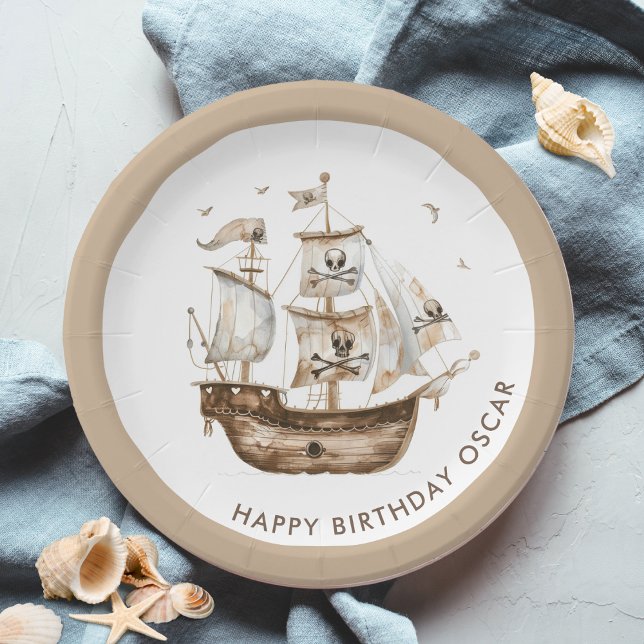 Pirate Ship Brown Nautical Theme Birthday Paper Plate (Creator Uploaded)