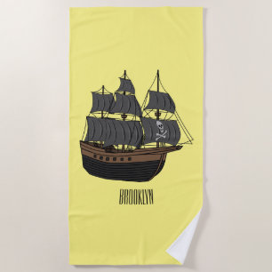 Pirate ship cartoon illustration beach towel