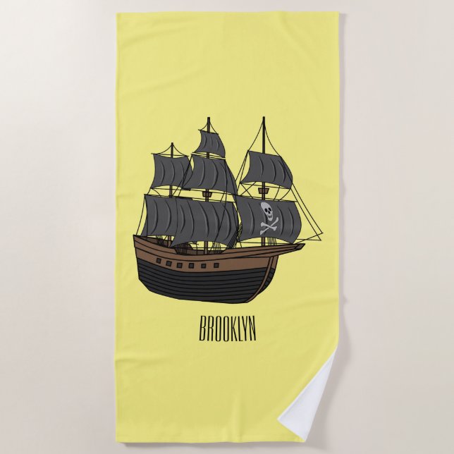 Pirate ship cartoon illustration  beach towel (Front)