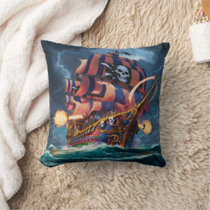 Pirate Ship Engaged in Battle During Stormy Night Cushion