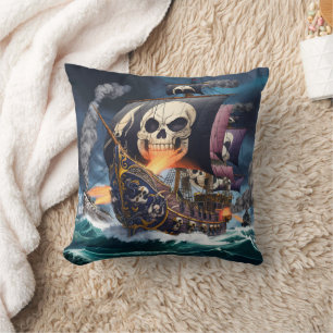 Pirate Ship Engaged in Battle on Stormy Seas Cushion