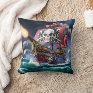Pirate Ship Engaged in Battle on Stormy Seas Cushion