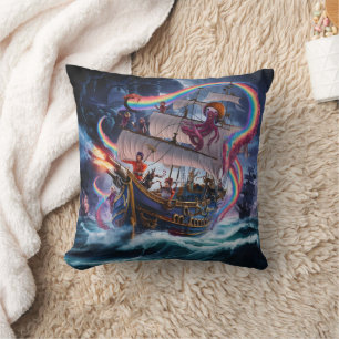 Pirate Ship Engaged in Battle Under Stormy Skies Cushion