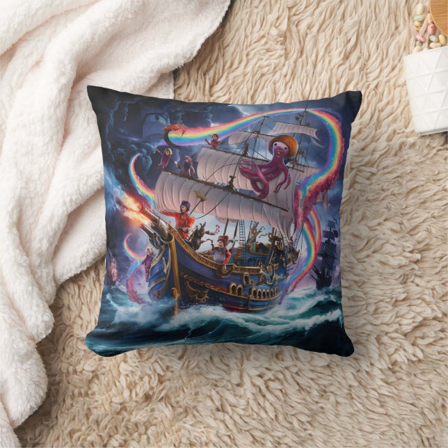 Pirate Ship Engaged in Battle Under Stormy Skies Cushion (Blanket)