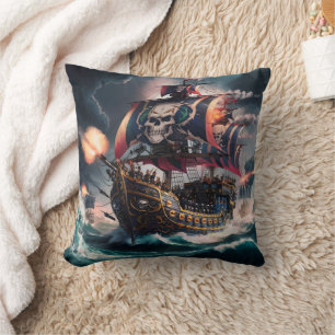 Pirate Ship Engaging in Battle on Stormy Seas Cushion
