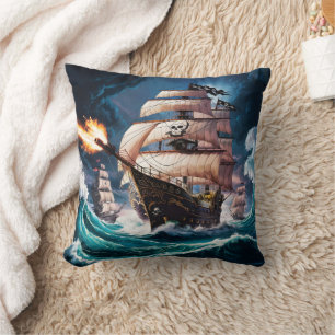 Pirate Ship Engaging in Naval Battle at Sea Cushion