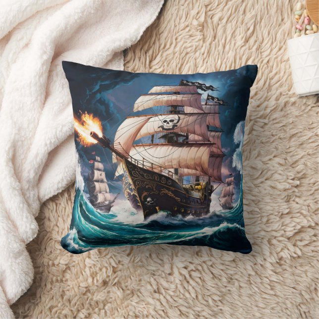 Pirate Ship Engaging in Naval Battle at Sea Cushion (Blanket)