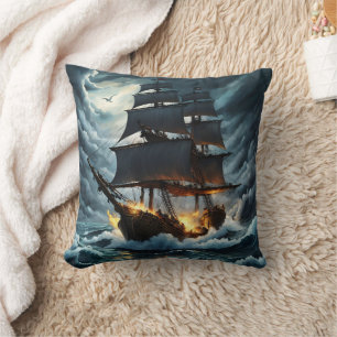 Pirate Ship Engulfed in Flames at Night Cushion
