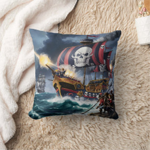 Pirate Ship Fires Cannonballs in Stormy Seas Cushion