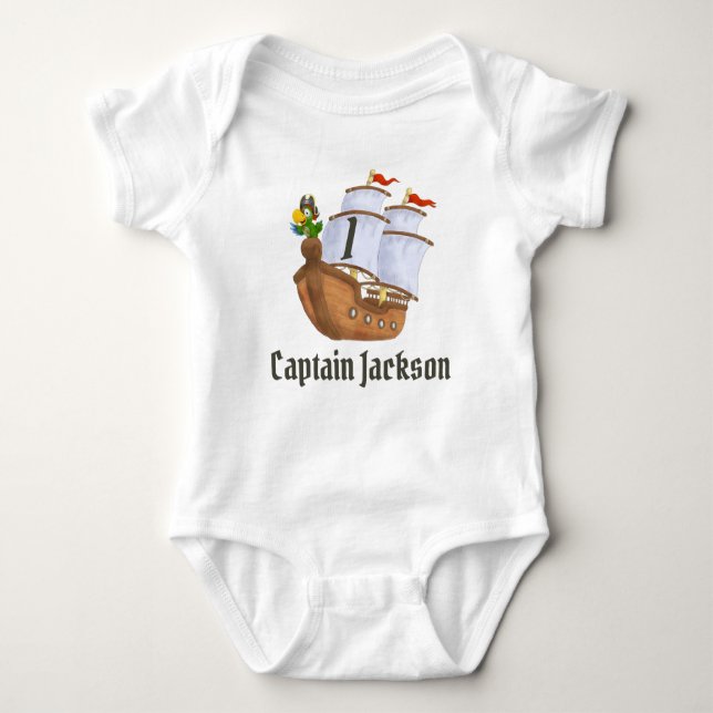 Pirate Ship First Birthday Name & Age Baby Bodysuit (Front)