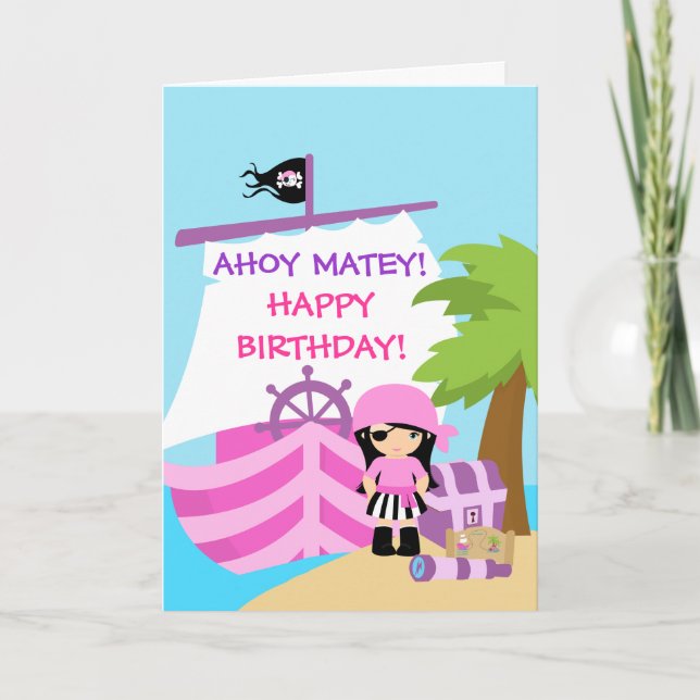 Pirate Ship Girl Birthday greeting Card (Front)