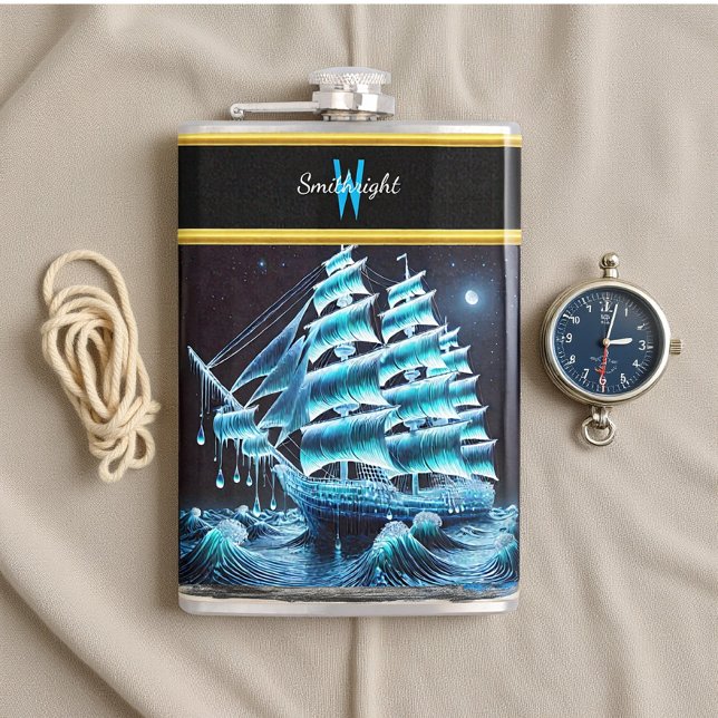 Pirate Ship Glides on Night's Shimmering  Hip Flask (Creator Uploaded)