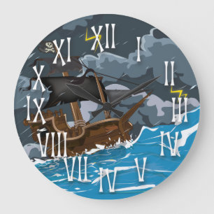 Pirate Ship in Storm Large Clock