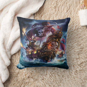Pirate Ship in Turbulent Dusk Waters Cushion