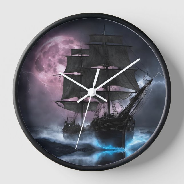 Pirate Ship lightning strawberry moon Personalise Clock (Front)