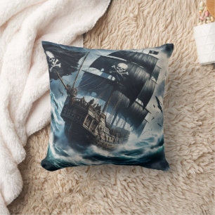 Pirate Ship Navigating Rough Seas at Dusk Cushion
