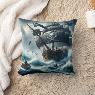 Pirate Ship Navigating Stormy Sea With Crew Cushion
