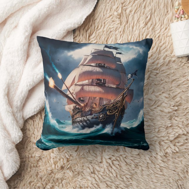 Pirate Ship Navigating Stormy Seas at Dusk Cushion (Blanket)