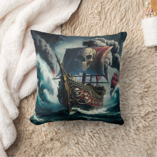 Pirate Ship Navigating Stormy Seas at Dusk Cushion