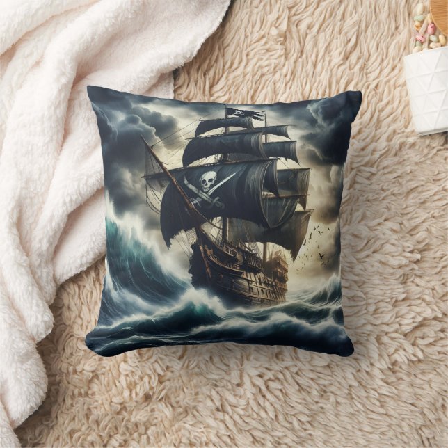 Pirate Ship Navigating Stormy Seas at Dusk Cushion (Blanket)